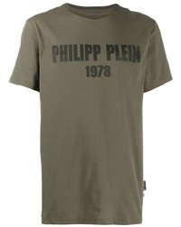 olivgrünes bedrucktes T-Shirt mit einem Rundhalsausschnitt von Philipp Plein