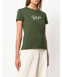 olivgrünes bedrucktes T-Shirt mit einem Rundhalsausschnitt von Tommy Jeans