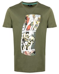 olivgrünes bedrucktes T-Shirt mit einem Rundhalsausschnitt von PS Paul Smith
