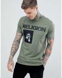 olivgrünes bedrucktes T-Shirt mit einem Rundhalsausschnitt von Religion