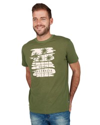 olivgrünes bedrucktes T-Shirt mit einem Rundhalsausschnitt von ROADSIGN australia