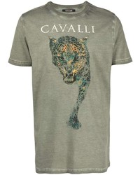 olivgrünes bedrucktes T-Shirt mit einem Rundhalsausschnitt von Roberto Cavalli