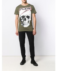 olivgrünes bedrucktes T-Shirt mit einem Rundhalsausschnitt von Philipp Plein