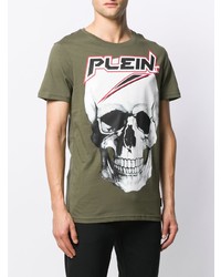 olivgrünes bedrucktes T-Shirt mit einem Rundhalsausschnitt von Philipp Plein