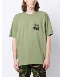 olivgrünes bedrucktes T-Shirt mit einem Rundhalsausschnitt von Stussy