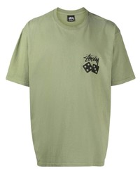 olivgrünes bedrucktes T-Shirt mit einem Rundhalsausschnitt von Stussy