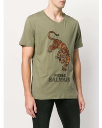 olivgrünes bedrucktes T-Shirt mit einem Rundhalsausschnitt von Pierre Balmain