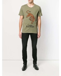 olivgrünes bedrucktes T-Shirt mit einem Rundhalsausschnitt von Pierre Balmain