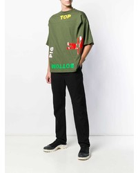 olivgrünes bedrucktes T-Shirt mit einem Rundhalsausschnitt von Walter Van Beirendonck