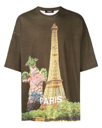 olivgrünes bedrucktes T-Shirt mit einem Rundhalsausschnitt von Undercover