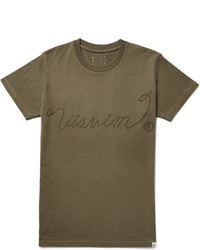 olivgrünes bedrucktes T-Shirt mit einem Rundhalsausschnitt von VISVIM