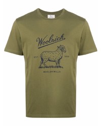 olivgrünes bedrucktes T-Shirt mit einem Rundhalsausschnitt von Woolrich