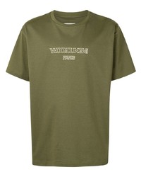 olivgrünes bedrucktes T-Shirt mit einem Rundhalsausschnitt von Wooyoungmi