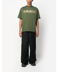olivgrünes bedrucktes T-Shirt mit einem Rundhalsausschnitt von Roberto Cavalli