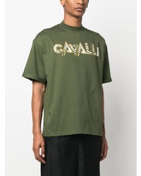 olivgrünes bedrucktes T-Shirt mit einem Rundhalsausschnitt von Roberto Cavalli