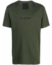 olivgrünes bedrucktes T-Shirt mit einem V-Ausschnitt von Philipp Plein