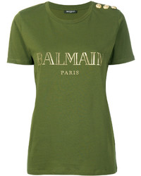 olivgrünes bedrucktes T-shirt von Balmain