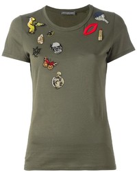 olivgrünes besticktes Pailletten T-shirt von Alexander McQueen