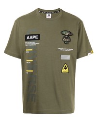 olivgrünes besticktes T-Shirt mit einem Rundhalsausschnitt von AAPE BY A BATHING APE