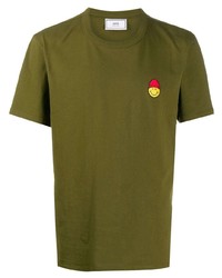 olivgrünes besticktes T-Shirt mit einem Rundhalsausschnitt von Ami Paris