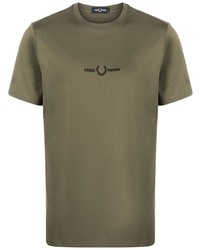 olivgrünes besticktes T-Shirt mit einem Rundhalsausschnitt von Fred Perry