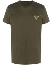 olivgrünes besticktes T-Shirt mit einem Rundhalsausschnitt von Giuseppe Zanotti