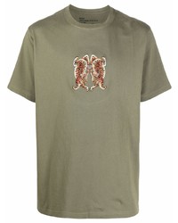 olivgrünes besticktes T-Shirt mit einem Rundhalsausschnitt von Maharishi