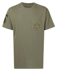 olivgrünes besticktes T-Shirt mit einem Rundhalsausschnitt von Maharishi