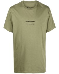 olivgrünes besticktes T-Shirt mit einem Rundhalsausschnitt von Maharishi