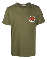 olivgrünes besticktes T-Shirt mit einem Rundhalsausschnitt von MAISON KITSUNÉ