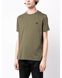 olivgrünes besticktes T-Shirt mit einem Rundhalsausschnitt von Fred Perry