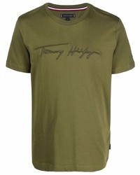 olivgrünes besticktes T-Shirt mit einem Rundhalsausschnitt von Tommy Hilfiger
