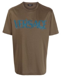 olivgrünes besticktes T-Shirt mit einem Rundhalsausschnitt von Versace