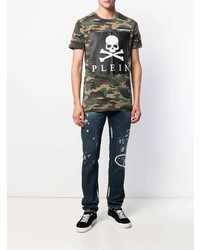 olivgrünes Camouflage T-Shirt mit einem Rundhalsausschnitt von Philipp Plein