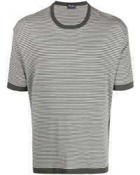 olivgrünes horizontal gestreiftes T-Shirt mit einem Rundhalsausschnitt von Drumohr