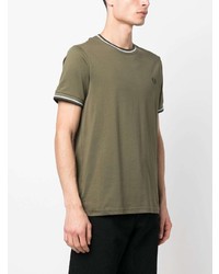 olivgrünes horizontal gestreiftes T-Shirt mit einem Rundhalsausschnitt von Fred Perry