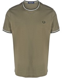 olivgrünes horizontal gestreiftes T-Shirt mit einem Rundhalsausschnitt von Fred Perry