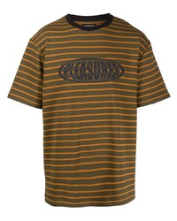 olivgrünes horizontal gestreiftes T-Shirt mit einem Rundhalsausschnitt von Pleasures