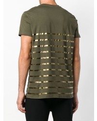 olivgrünes horizontal gestreiftes T-Shirt mit einem Rundhalsausschnitt von Balmain