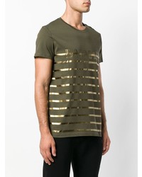 olivgrünes horizontal gestreiftes T-Shirt mit einem Rundhalsausschnitt von Balmain