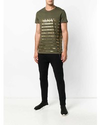 olivgrünes horizontal gestreiftes T-Shirt mit einem Rundhalsausschnitt von Balmain