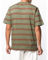 olivgrünes horizontal gestreiftes T-Shirt mit einem Rundhalsausschnitt von Stussy