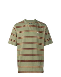 olivgrünes horizontal gestreiftes T-Shirt mit einem Rundhalsausschnitt von Stussy