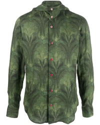 olivgrünes Leinen Langarmhemd mit Blumenmuster von Kiton