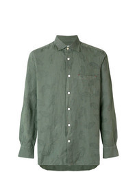 olivgrünes Leinen Langarmhemd mit Paisley-Muster