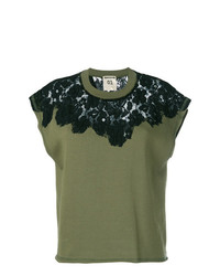 olivgrünes Spitze T-Shirt mit einem Rundhalsausschnitt von Semicouture