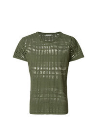 olivgrünes T-Shirt mit einem Rundhalsausschnitt aus Netzstoff