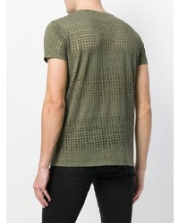 olivgrünes T-Shirt mit einem Rundhalsausschnitt aus Netzstoff von Each X Other