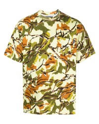 olivgrünes T-Shirt mit einem Rundhalsausschnitt mit Blumenmuster von Awake NY
