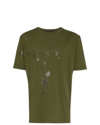 olivgrünes T-Shirt mit einem Rundhalsausschnitt mit Blumenmuster von Haider Ackermann
